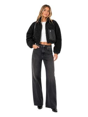 BlankNYC Faux Leather Sherpa Cropped Bomber Jacket Black XS